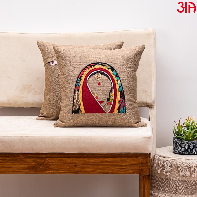 brown rajasthani women cushion cover2