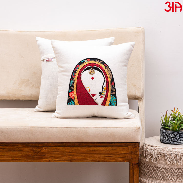 white rajasthani women cushion cover2