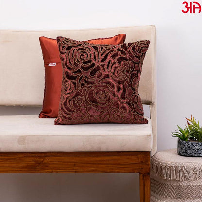 burnout velvet rose embellished cushion cover rust2