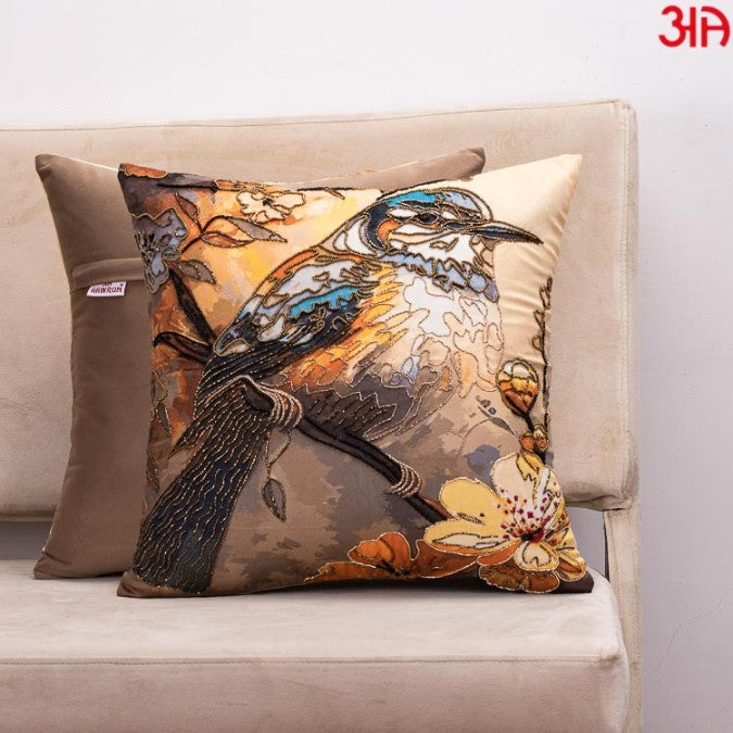 Golden Sparrow Embroidery Cushion Cover